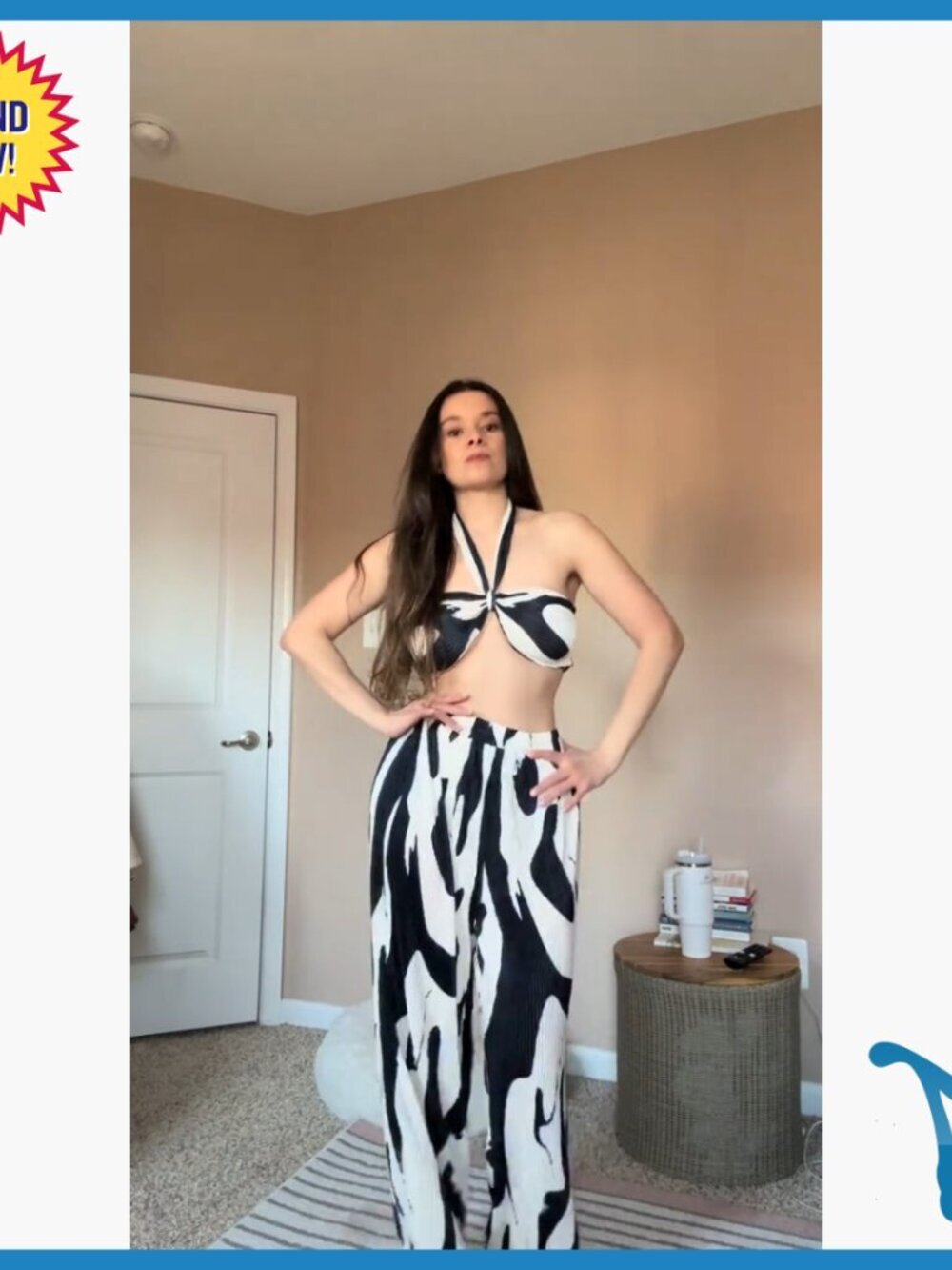 Knitted Crop Halter Top and Wide Leg Pants Set, Polyester, XS - Picture 6 of 7